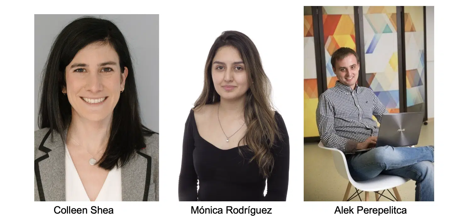 Se muestran tres personas: una mujer con blazer sonriendo, otra mujer con blusa negra y expresión neutra, y un hombre sentado usando una laptop con un fondo colorido.